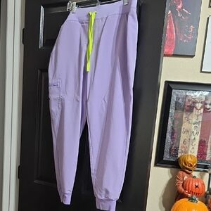 Figs Lavender Dew Zamora Jogger Pants with Neon Yellow Drawstring